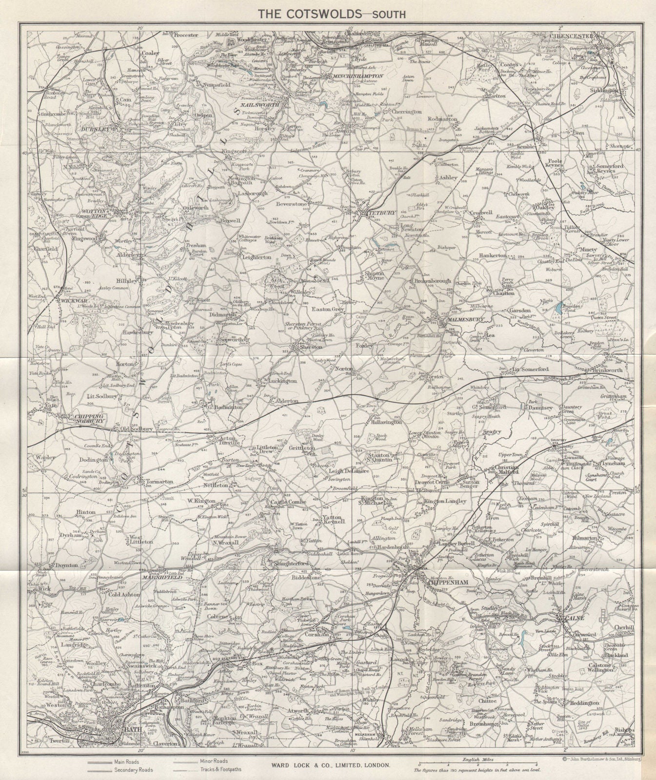 SOUTH COTSWOLDS vintage map. Bath Cirencester Chippenham Tetbury. WARD LOCK 1964